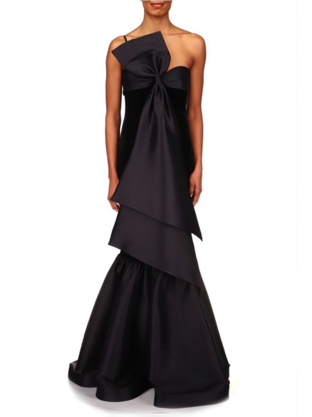 Badgley Mischka Black One-Shoulder Tiered Evening Gown with Knot Detail